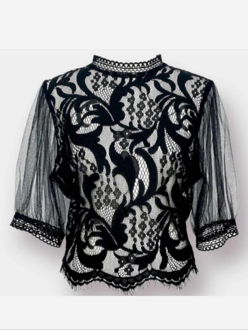Peach Black Sheer Lace Zip Back High Neck Blouse Goth Boudoir Lolita Dainty XL